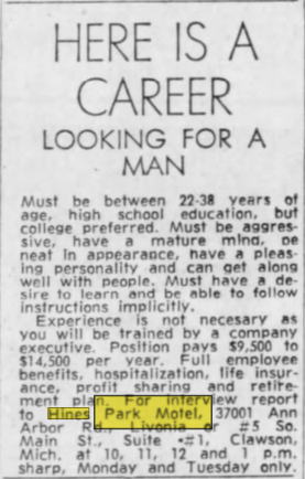 Hines Park Motel - 1961 Classified Ad Mentioning Motel